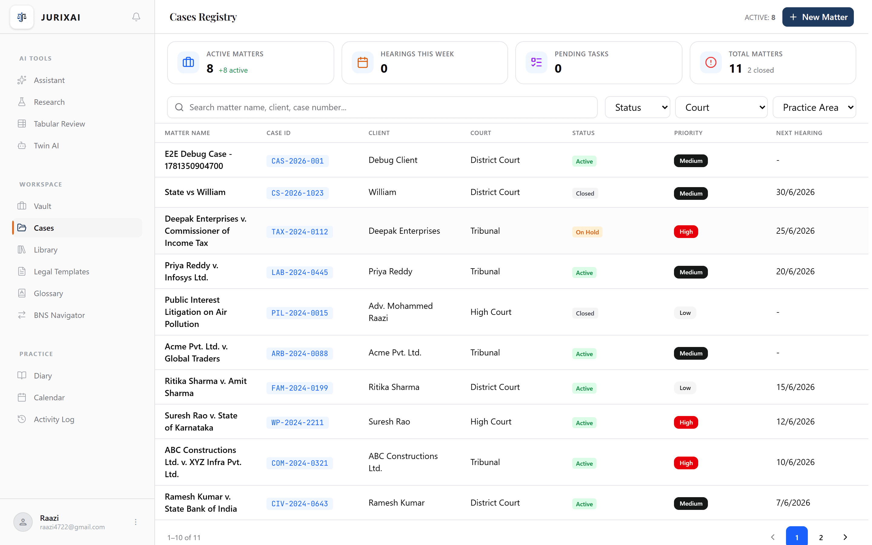 JurixAI Cases — end-to-end case management with smart timelines