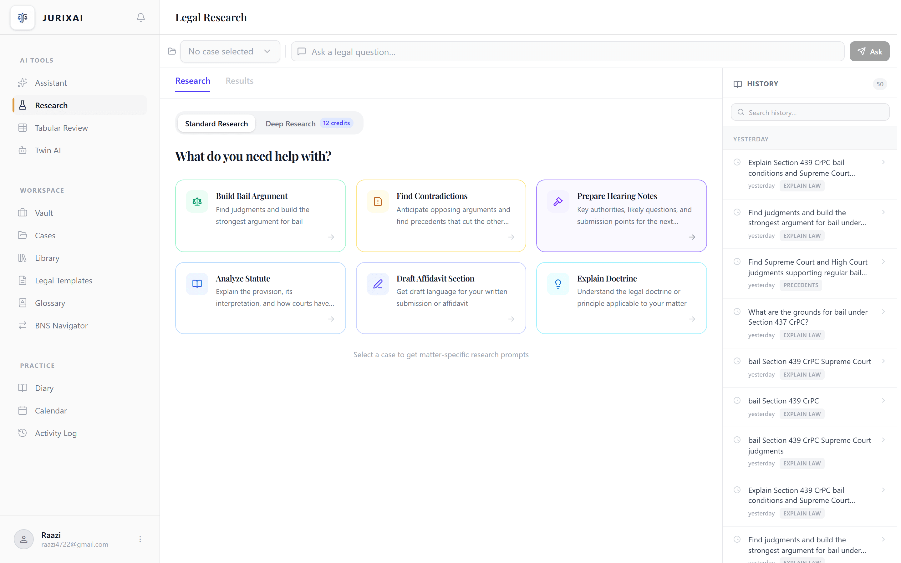 JurixAI Research Workspace — deep-dive research across 50,000+ judgments